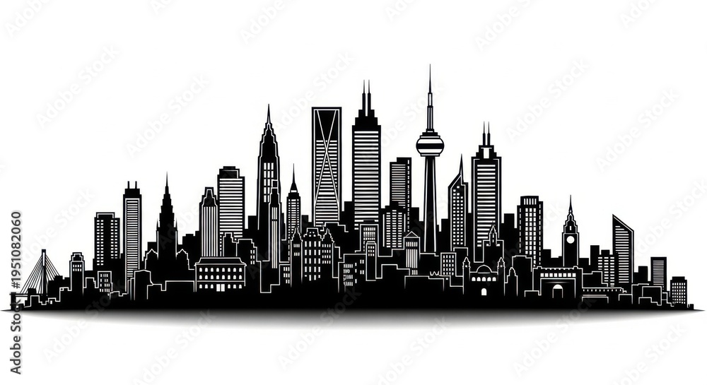 Naklejka premium Detailed Black and White Cityscape Silhouette with Modern Architecture.
