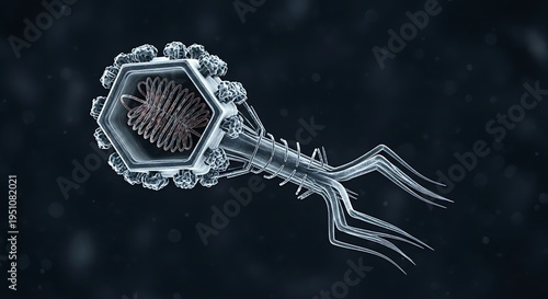 Detailed three dimensional rendering illustrates the structure of a bacterial virus particle