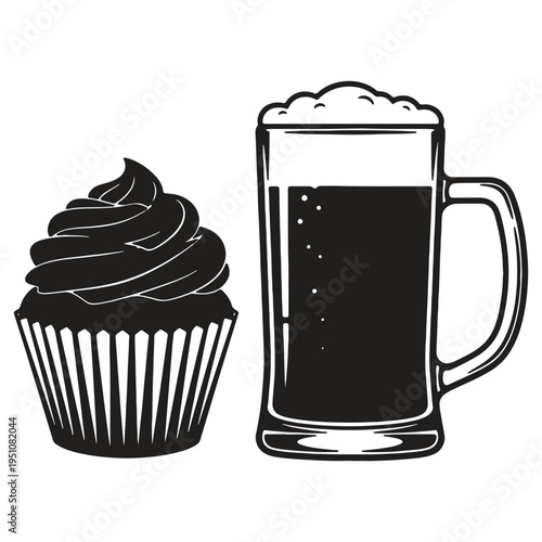Illustrative vector graphic showcasing a frosted cupcake next to a frothy mug of dark beer isolated on a clean white background representing treats and beverages