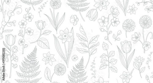 An elegant seamless pattern featuring a beautiful collection of hand-drawn line art botanical elements like tulips, daffodils, daisies, and ferns on a crisp white background for coloring pages.