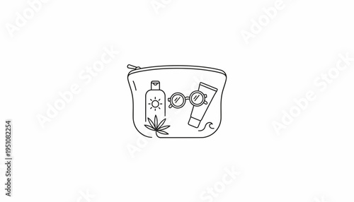 Summer cosmetic bag with sunscreen, sunglasses, and leaf icon