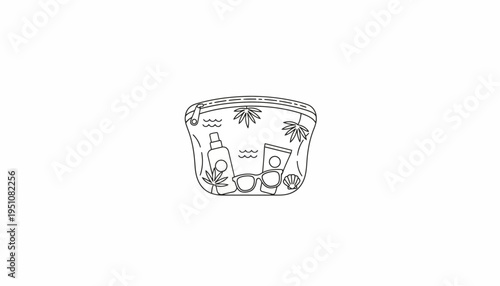 Summer Cosmetic Bag with Sunscreen, Lotion, and Seashells - Travel Essentials Line Art