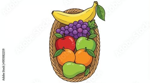 colorful fruit basket with banana grapes apples and oranges