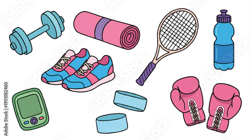 Colorful illustration of various fitness equipment and accessories for exercise and sports