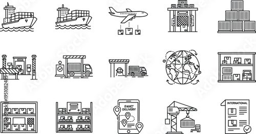 Global logistics and supply chain management line icon set featuring cargo ship airplane warehouse delivery tracking inventory distribution and international trade operations