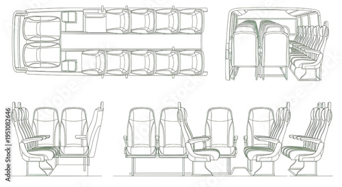 Long Bus Seating Layout Blueprint Vector – Extended Coach Interior Technical Multiview Green Outline Drawing