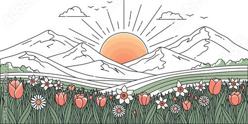 A serene and beautifully illustrated spring mountain landscape depicting a warm sunrise over snow-capped peaks, lush green fields, and a foreground brimming with blooming colorful flowers.