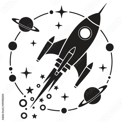 Retro style rocket ship soaring through a stylized cosmic environment filled with planets stars and orbiting celestial bodies suggesting a journey into the unknown