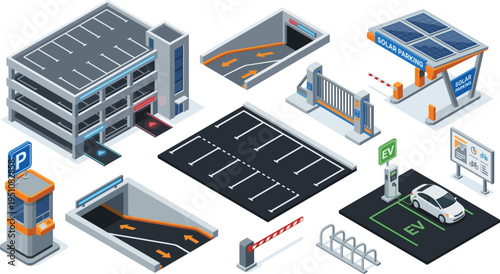 Isometric parking lot vector set with garage building, EV charging station, and solar parking