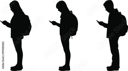 Silhouette of students with backpacks using smartphones, modern youth lifestyle, digital communication concept, social media addiction, isolated black figures on white background