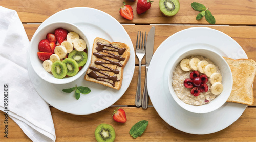 Delicious breakfast with fresh fruit and toast on wooden table