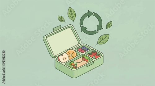 Eco friendly lunch box with healthy food and recycling symbol and green leaves