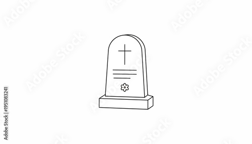 Simple Line Drawing of a Gravestone with Cross and Flower Symbol