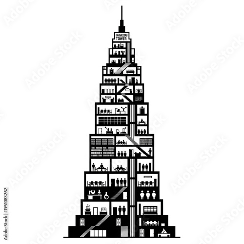 Detailed cross-section of a skyscraper showcasing interior life.