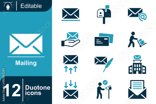 Mailing icon set. Email communication system, message delivery process, inbox notification, postal service concept, send and receive mail, digital correspondence and more. Duotone vector icons collect