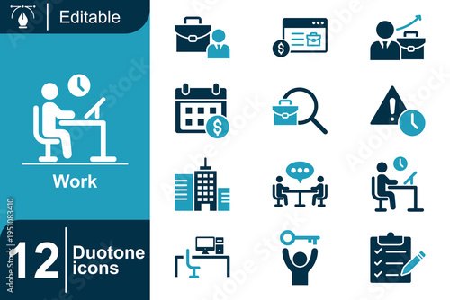 Work icon set. Office workflow process, business activity, workplace productivity, meeting discussion, corporate career concept, professional task management and more. Duotone vector icons collection.
