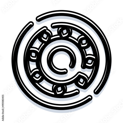 Ball bearing depicting a mechanical component with an inner and outer ring, housing circular rolling elements for reducing friction and enabling smooth rotational movement in machinery