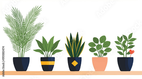 five potted plants on a wooden shelf indoors