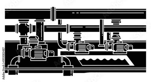 Detailed Illustration of Industrial Piping System with Pumps and Valves.