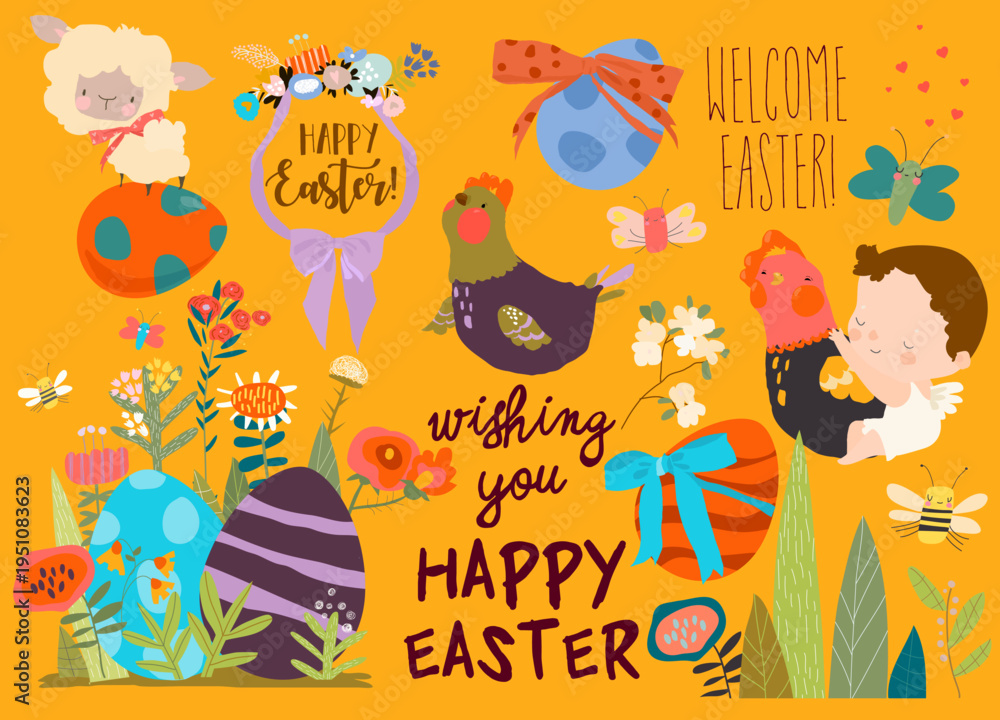 Obraz premium Cartoon Easter Set With Little Cartoon Angels, Ester Eggs and Flowers