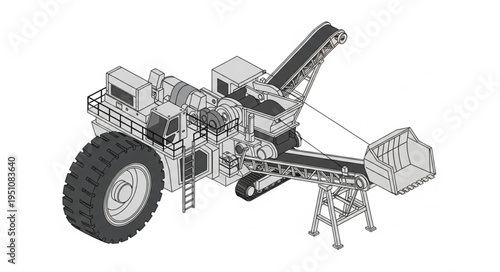 Detailed Line Drawing of a Large Mining Excavator.