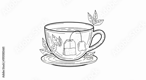 Tea cup with leaves on saucer black and white line drawing simple illustration