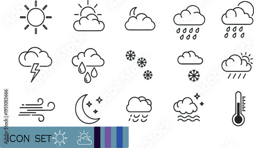 Print Minimalist Weather and Meteorology Icon Set Featuring Sun Clouds Rain Snow Thunderstorms and Global Climate Symbols for Forecasting and Environmental Design