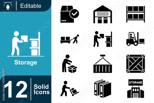 Storage icon set. Warehouse logistics concept, inventory storage system, goods handling process, packaging distribution, supply chain management and more. Solid vector icons collection.
