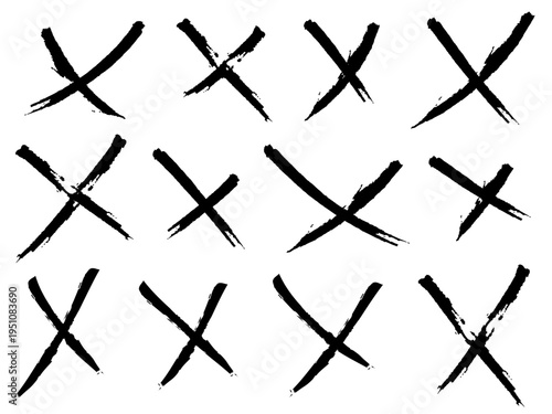 Hand drawn brush stroke cross mark set. Textured cross, ban, refusal. Marker sketch. Strikethrough text and important objects. Stock vector illustration isolated on white background.