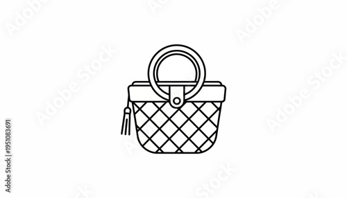Simple Line Art Icon of a Picnic Basket with Handle and Tassel