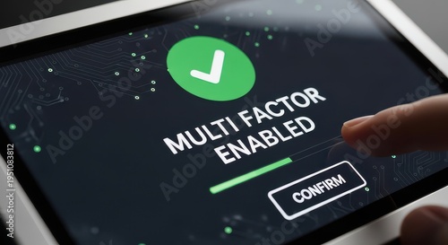 A hand presses a button on a tablet screen that reads 'MULTI FACTOR ENABLED' with a large green checkmark.