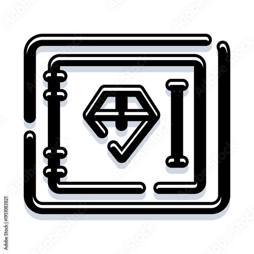 Abstract simple line art icon featuring a diamond shape with a checkmark symbol inside, enclosed within a bold square frame, depicting concepts of quality, value, and approval