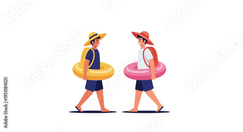 Vector illustration of two people walking with inflatable rings
