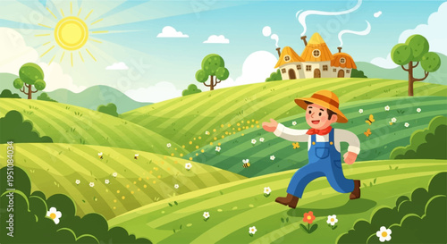 Happy farmer boy running through green rolling hills with flowers sunny day countryside landscape farmhouse in background