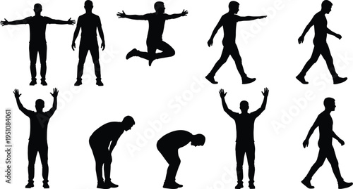 Black silhouettes of eighteen human figures in various walking, standing, jumping, and bending poses, arranged in rows, perfect for animation, gesture recognition, and design projects.