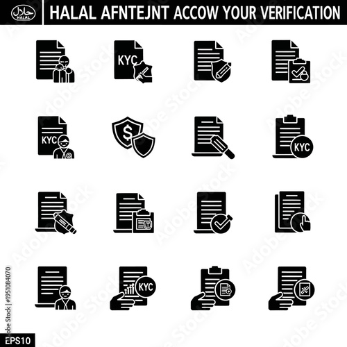 Collection of icons representing verification processes, including KYC, document checks, security shields, and compliance approvals.