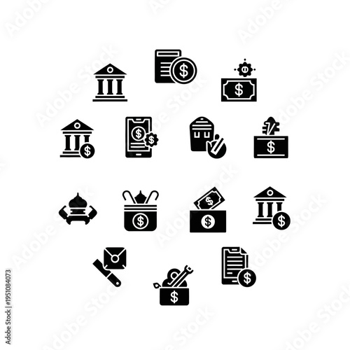 A collection of black and white icons representing various financial and business-related concepts, including banking, payments, and investments.