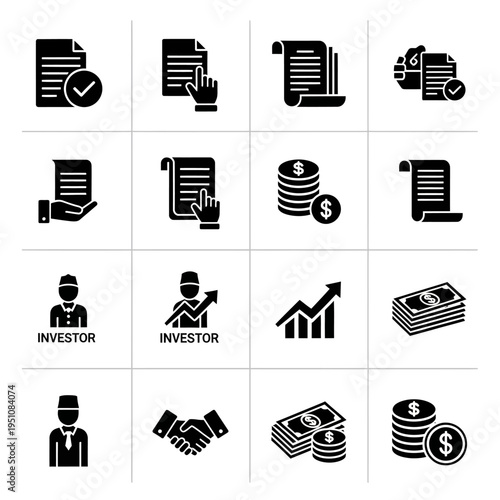 A collection of black and white icons representing various business and finance-related concepts, including documents, money, investors, and agreements.