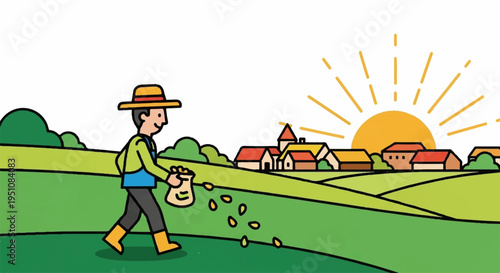 Farmer sowing seeds in green field at sunrise rural landscape with village houses