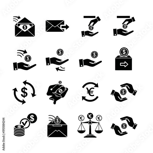 Collection of black and white icons representing various financial transactions, money transfers, and economic concepts.