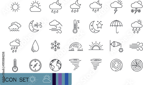Print Minimalist Weather and Meteorology Icon Set Featuring Sun Clouds Rain Snow Thunderstorms and Global Climate Symbols for Forecasting and Environmental Design