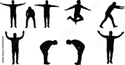 Black silhouettes of nine human figures in diverse standing, walking, jumping, bending, and stretching poses, arranged in a grid, perfect for animation, gesture recognition, and design projects.
