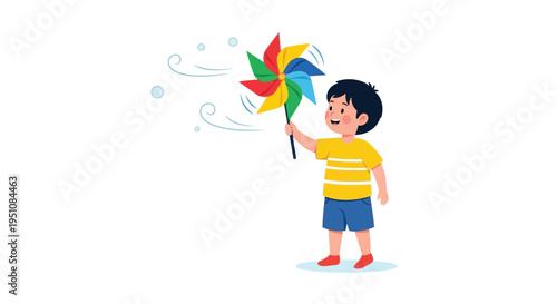 Vector illustration of a child playing with a colorful pinwheel
