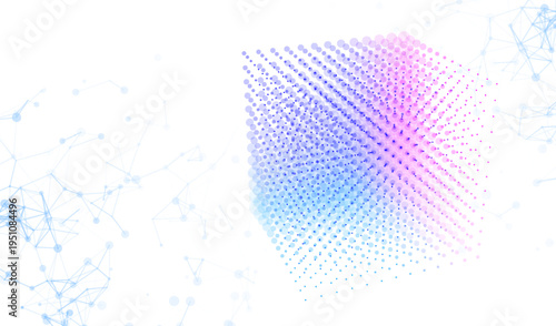 Abstract ai cyber background with 3d cube from dots and circles. Big data digital science and technology design and tech blockchain blue business concept backdrop. Computer network connection pattern.