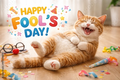 Funny ginger cat laughing on floor with Happy Fools Day celebration theme