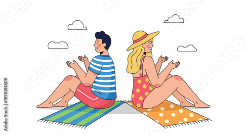 Vector illustration of couple sitting on beach towels
