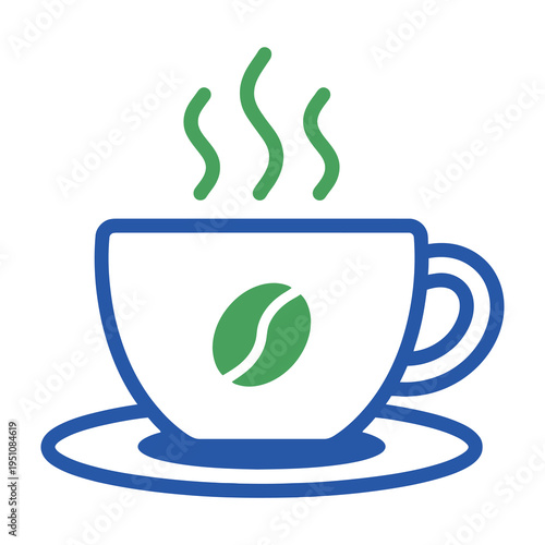 Steaming coffee cup with green bean logo on white background