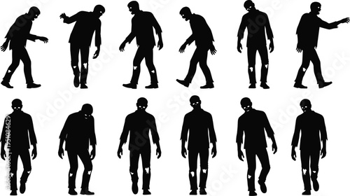 Black silhouettes of twelve zombies in walking and standing poses with hunched postures, ragged clothing, and extended arms, arranged in rows, perfect for Halloween and horror design projects.