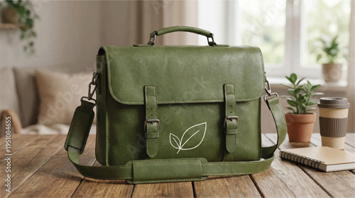 Green leather messenger bag with white leaf design on wooden table indoors