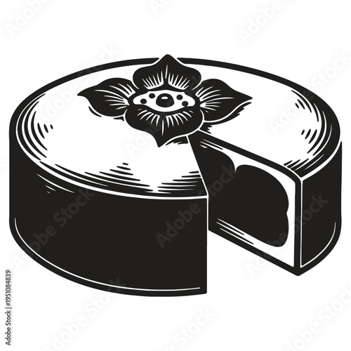 Stylized black and white woodcut illustration of a round cake with a decorative flower topping and a slice removed isolated on a white background perfect for bakery or dessertthemed designs